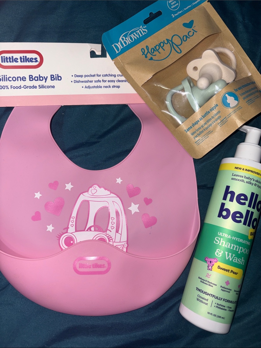 Dr Brown Happy Paci, Little Tikes Silicone Baby Bib & Hello Bello - bundle